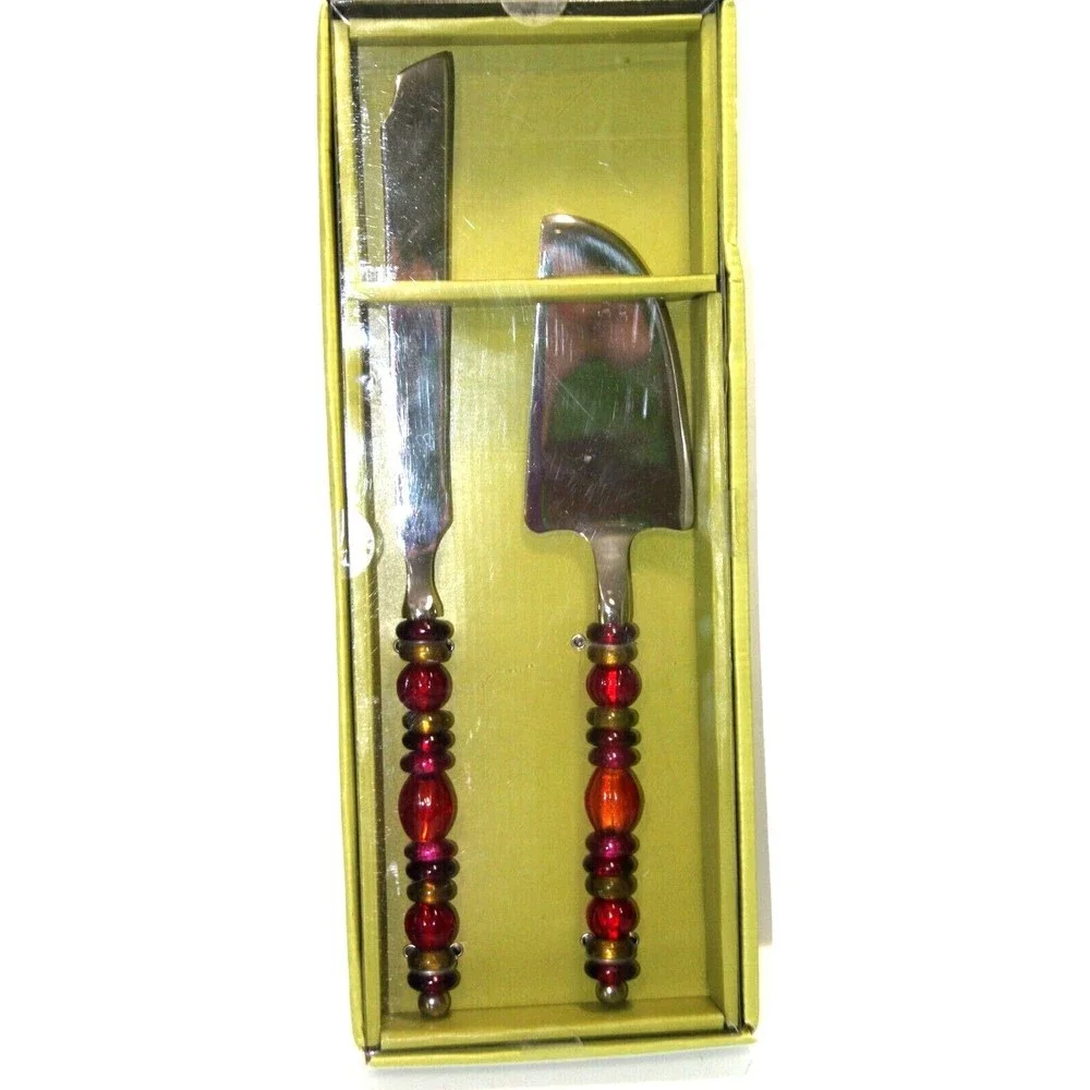 Pier 1 Imports Ornate Cake Dessert Knife Spatula Serve Ware Set Bead Fall Colors